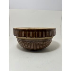 Vintage USA Pottery 8 Inch Brown Ribbed Stoneware Mixing Bowl Farmhouse Style‎